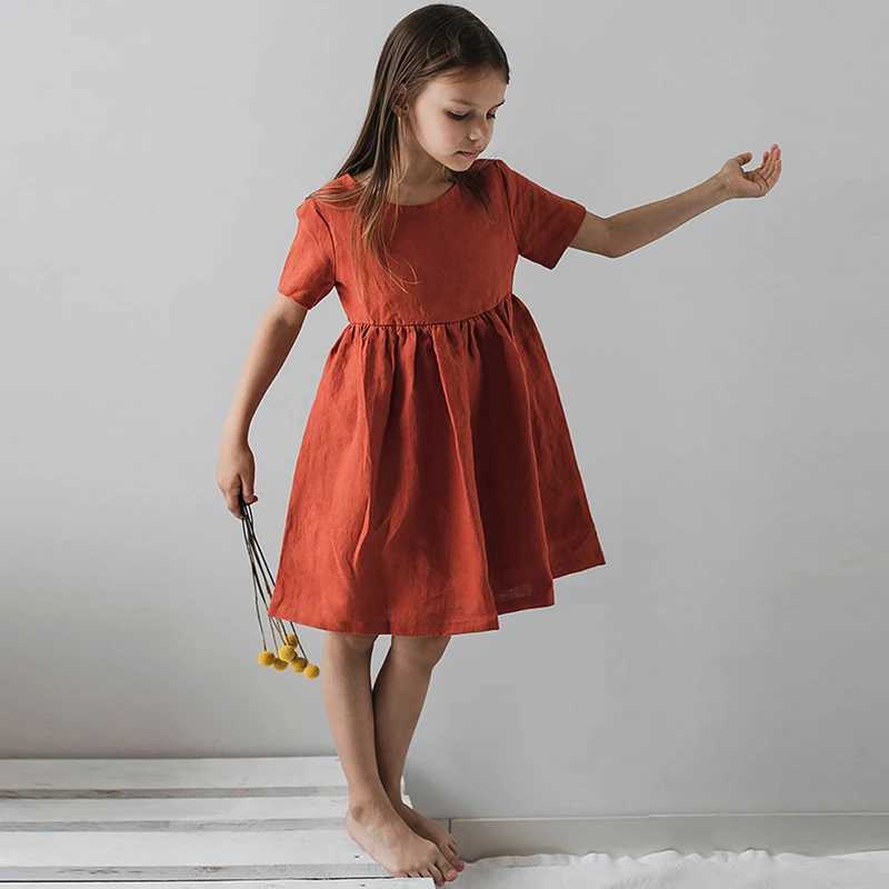 2026 Summer New Girls Linen Dress Retro Literary Cotton And Linen Short-Sleeved Pleated Dresses Childrens Clothing H260402