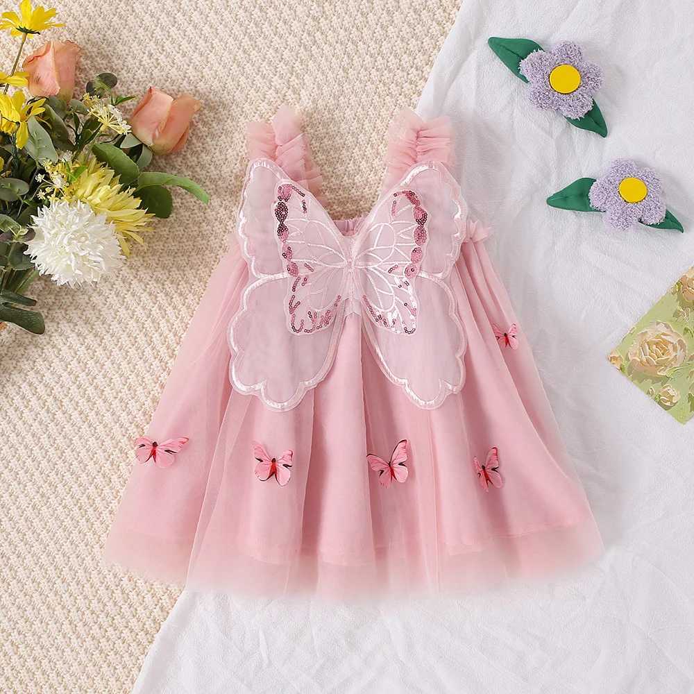 Summer ChildrenS Clothing Girls Baby Dress Girls Cartoon Embroidery Butterfly Wings Cute Suspender Mesh Princess Dress H260402