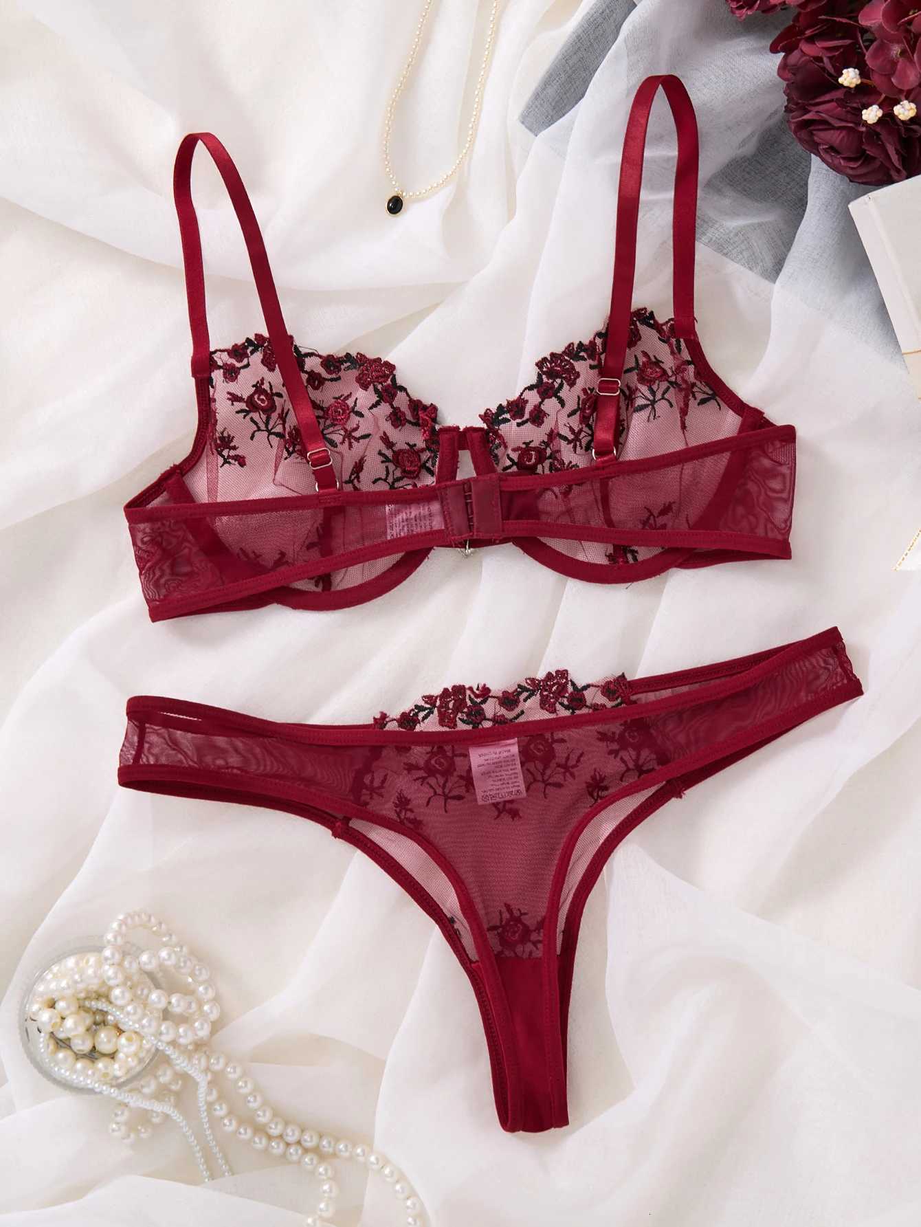 WineRed French-style floral embroidery lace lingerie set and pure desire sheer bra supportValentines Day party ZA824026 Z260402