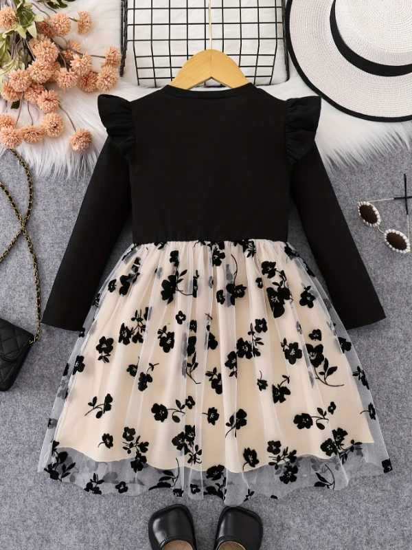 Spring Autumn Infant Toddler Girls round Neck Fly Sleeve Splice Flower Print Tulle Casual Dress for Baby Girls H260402