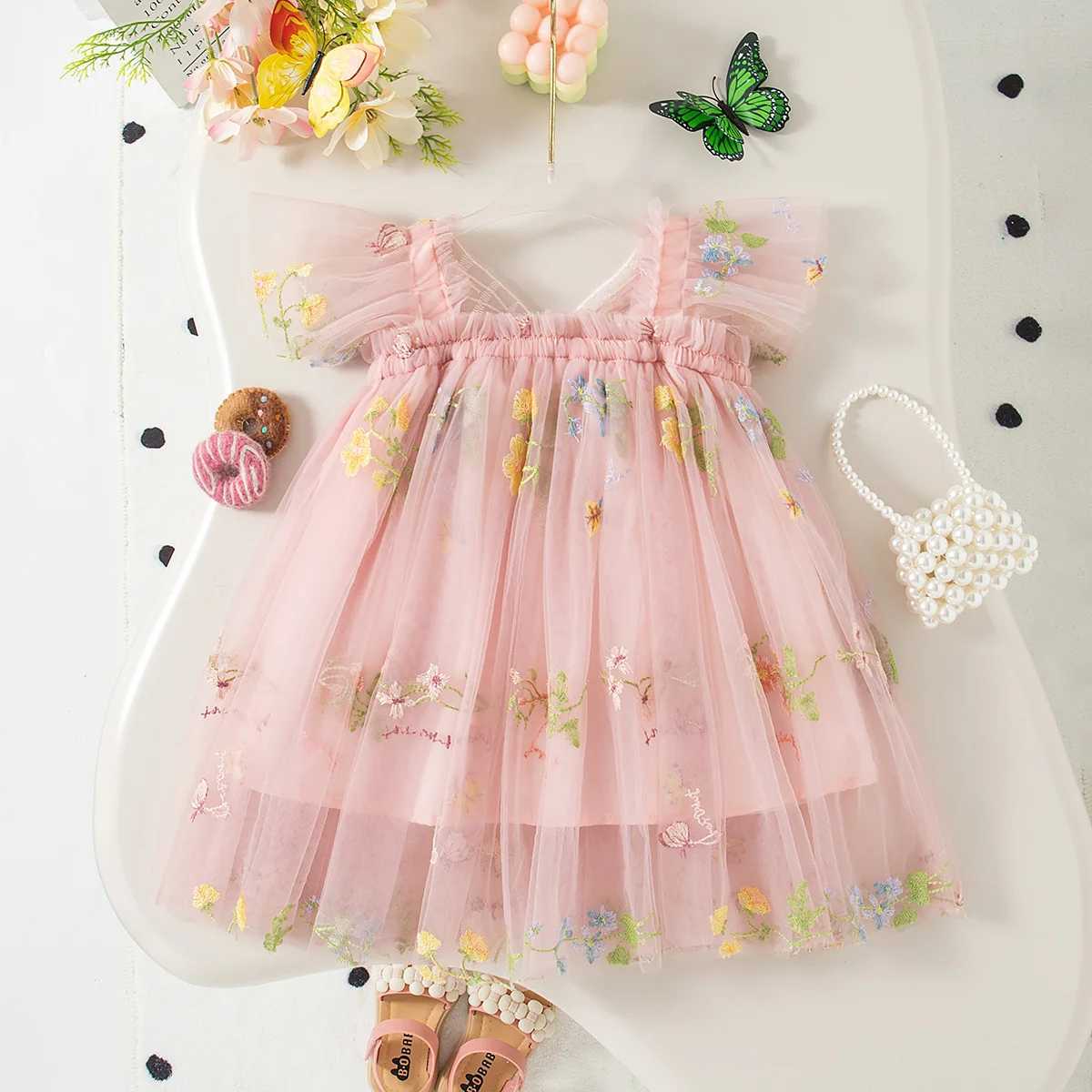 Summer New Sweet Butterfly Wing Baby Girl Princess Dress Floral Chiffon Wedding Party ChildrenS Sleeveless Clothes 0-4 Years H260402