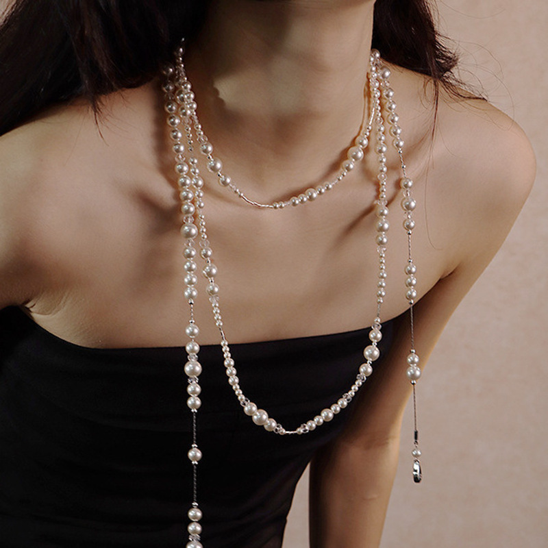 Jewelry necklace luxury designer necklaces for women pendant necklace Layered Pearl Sweater Chain French Asymmetric Three-Layer Long Tassel Necklace f