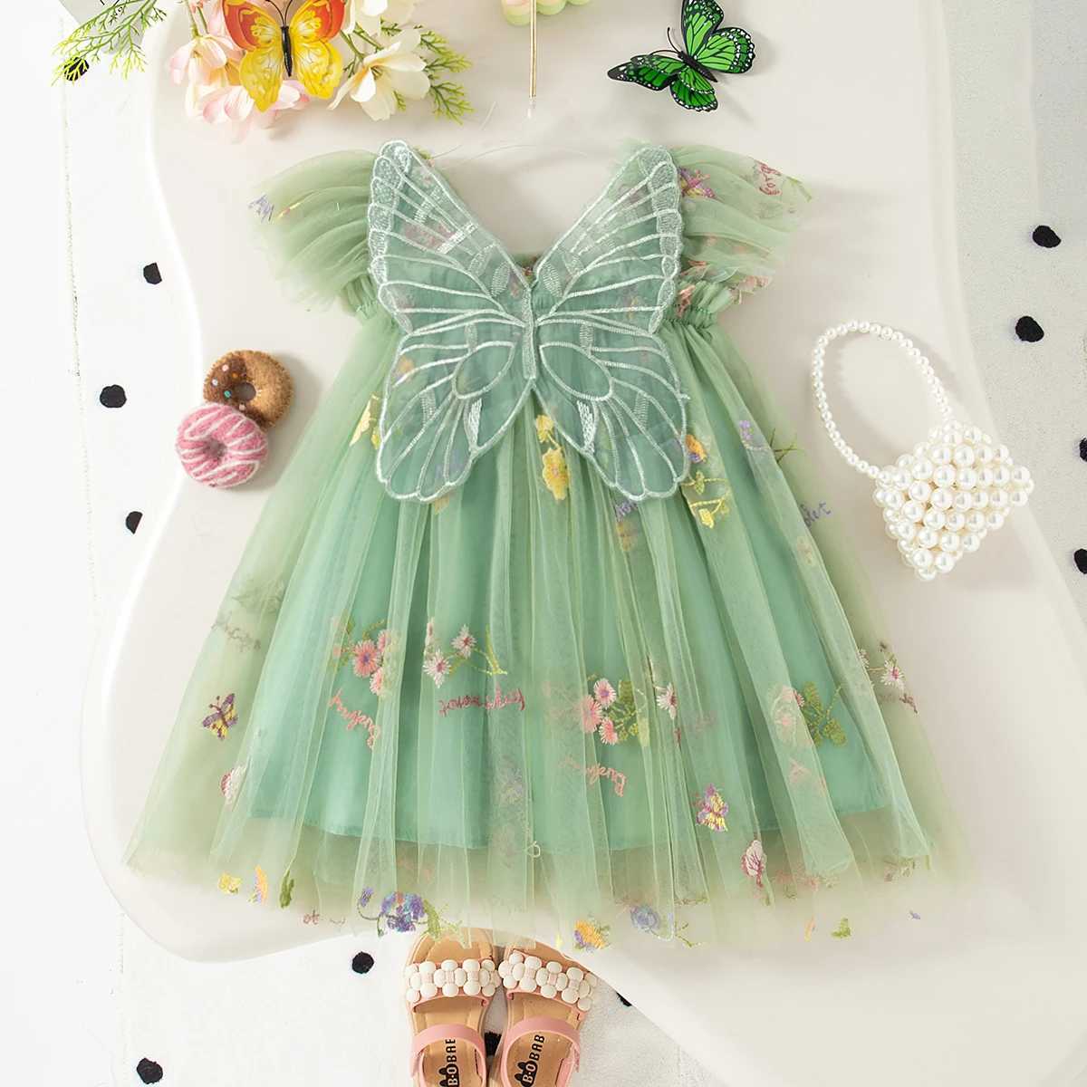 Summer New Sweet Butterfly Wing Baby Girl Princess Dress Floral Chiffon Wedding Party ChildrenS Sleeveless Clothes 0-4 Years H260402