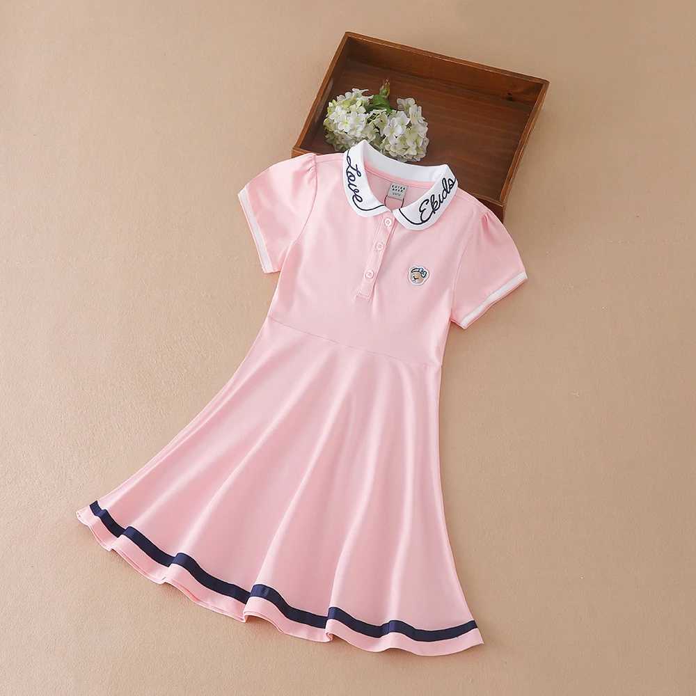 Girls Summer Dress 2024 Turn-Down Collar Clothes Children Preppy Style Embroidered School Sundress Kids 5-12 Years H260402