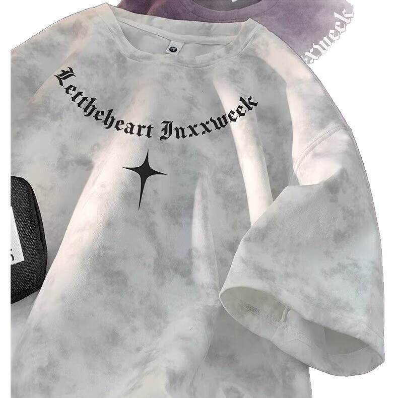 Mens Tie Dye Short Sleeve T Shirt With Gothic Letter Print And Star Pattern Casual Loose Fit Streetwear For Men And Women