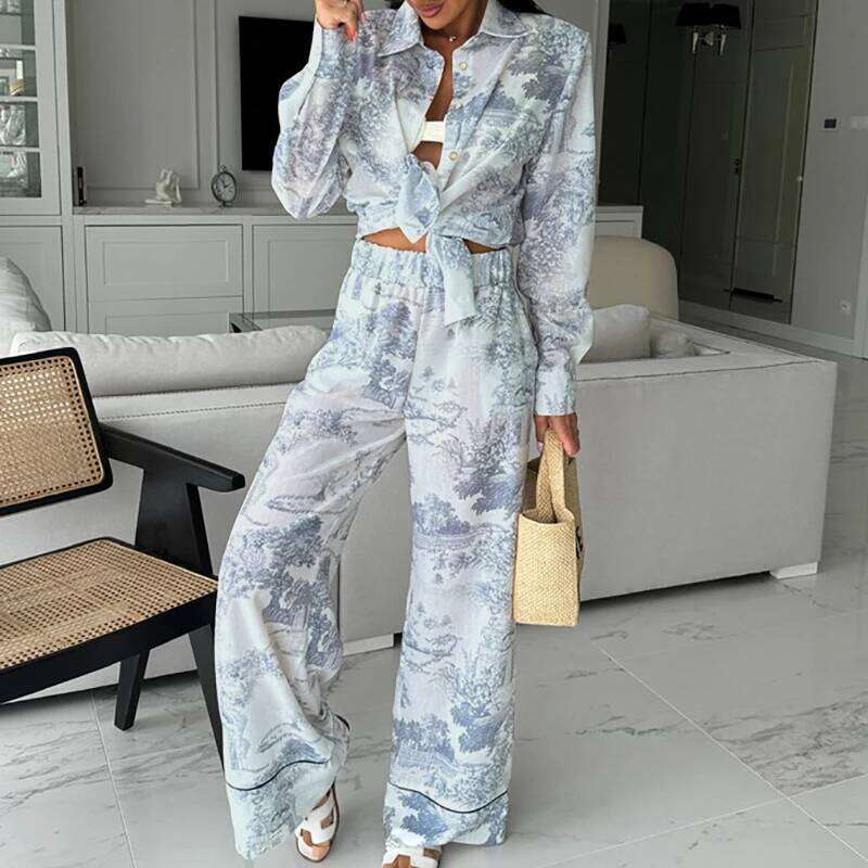 Women's Elegant Long Sleeve Loose 2 Piece Set New Autumn Pattern Printed Shirt Suit Casual Elastic Waist Straight Pants Outfit Asia Size