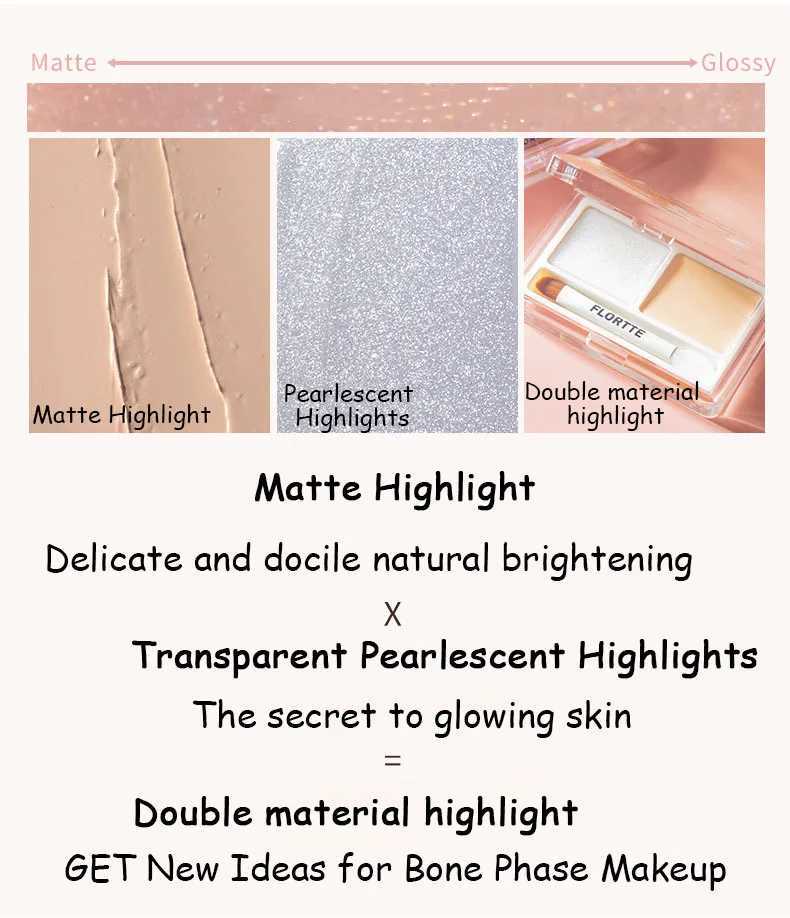 Flortte 2-color Double Texture Cream Highlighter Powder Matte Glossy Diamond Glitter Contour Brighten Palette Face Makeup Beauty H260402