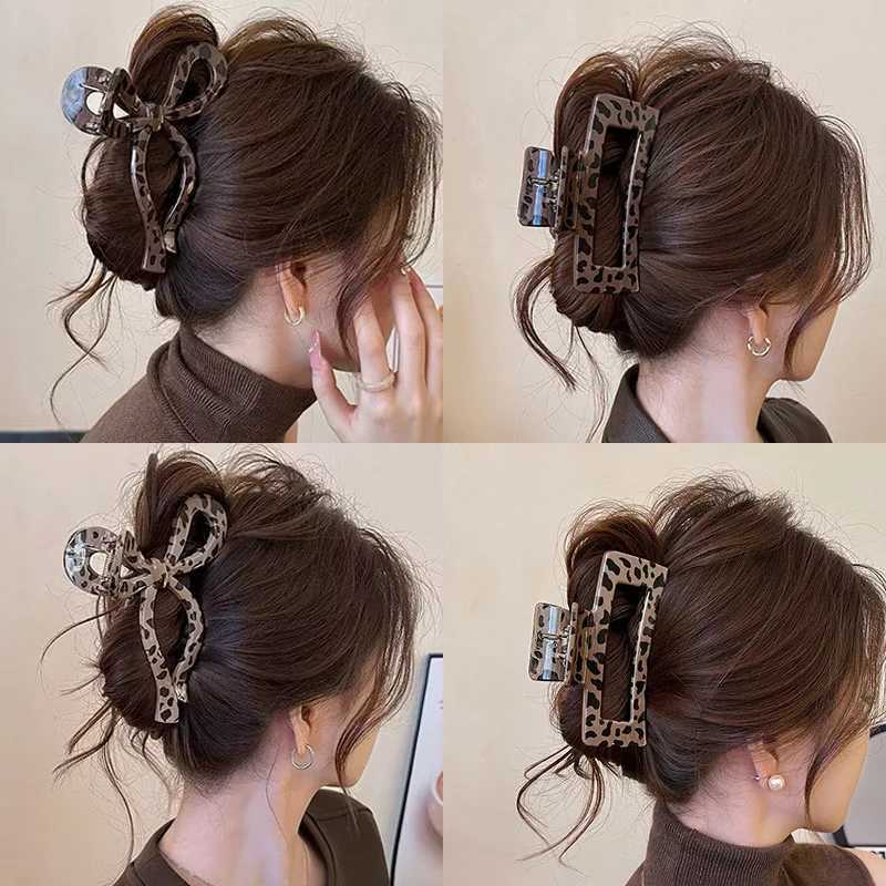 AWAYTR Ladies Sweet Leopard Bow Hair Claw Back Head Clamp Clip Shark Clip Ponytail Hair Accessories Acrylic Hair Clips Hairpins H260402