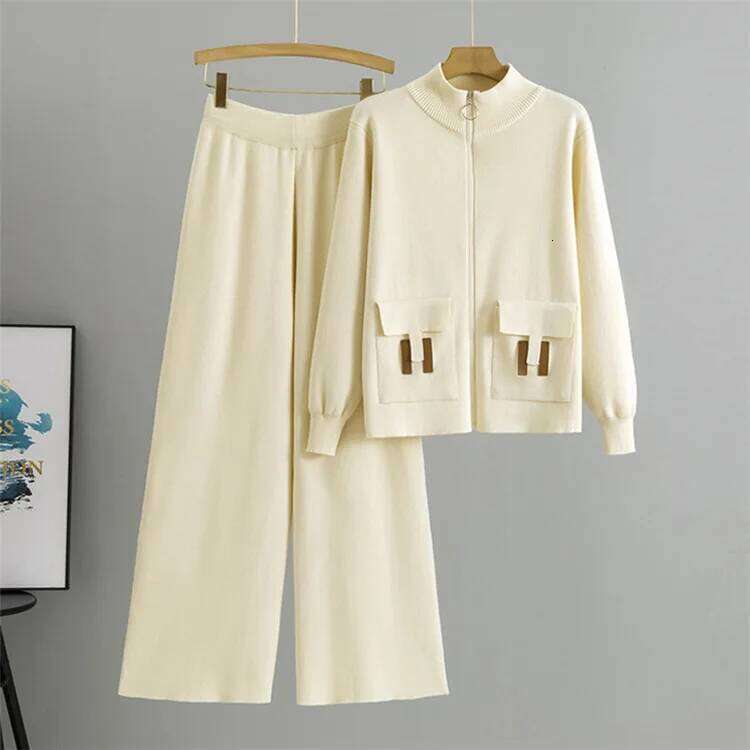 Women 2 Piece Set Knit Sweater Jacket Cardigan Wide Leg Pant Casual Knitted Outfits Tracksuit Suit Autumn Winter Knitwear