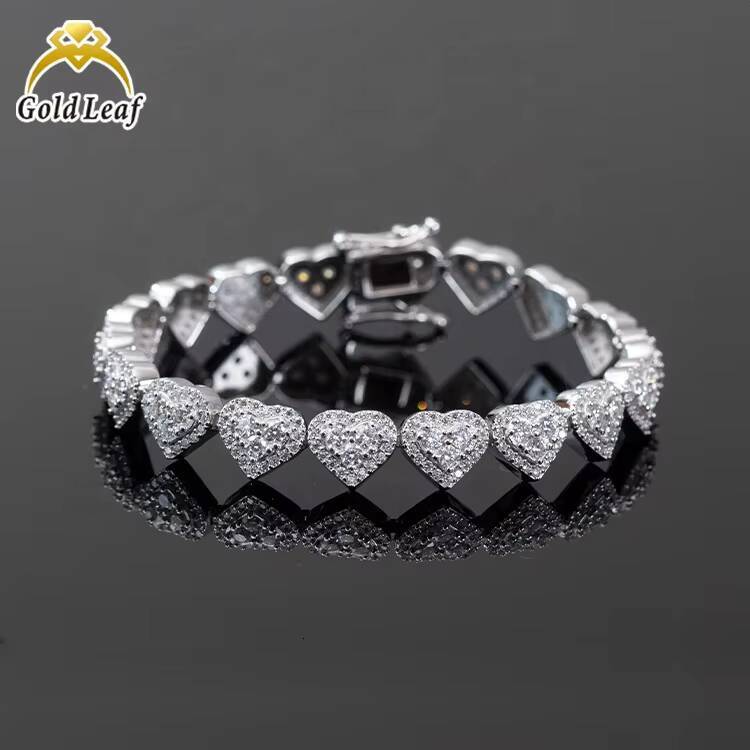 Goldleaf Jewelry 925 Sterling Silver Hiphop Heart Shape Moissanite Bracelet Bangles 8mm VVS Iced 8mm Cuban Link Chain
