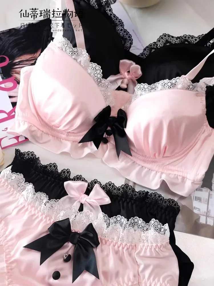 YUQI Kawaii Japanese Lolita Lingerie Set - Cute Bow Bra Cover Panties for Small Chest Pure Teen Girl Charm XS-S Cup Bra Z260402