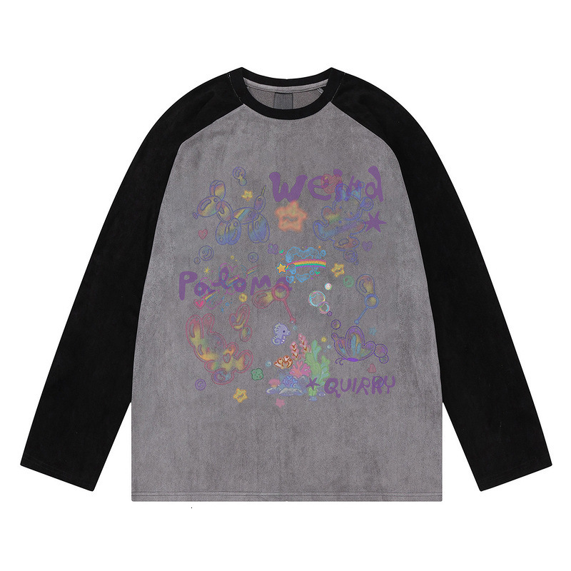 Color-Block Raglan Long Sleeve T-Shirt for Men and Women, Autumn 2025 New Sweet Cartoon Design, Niche Suede Top