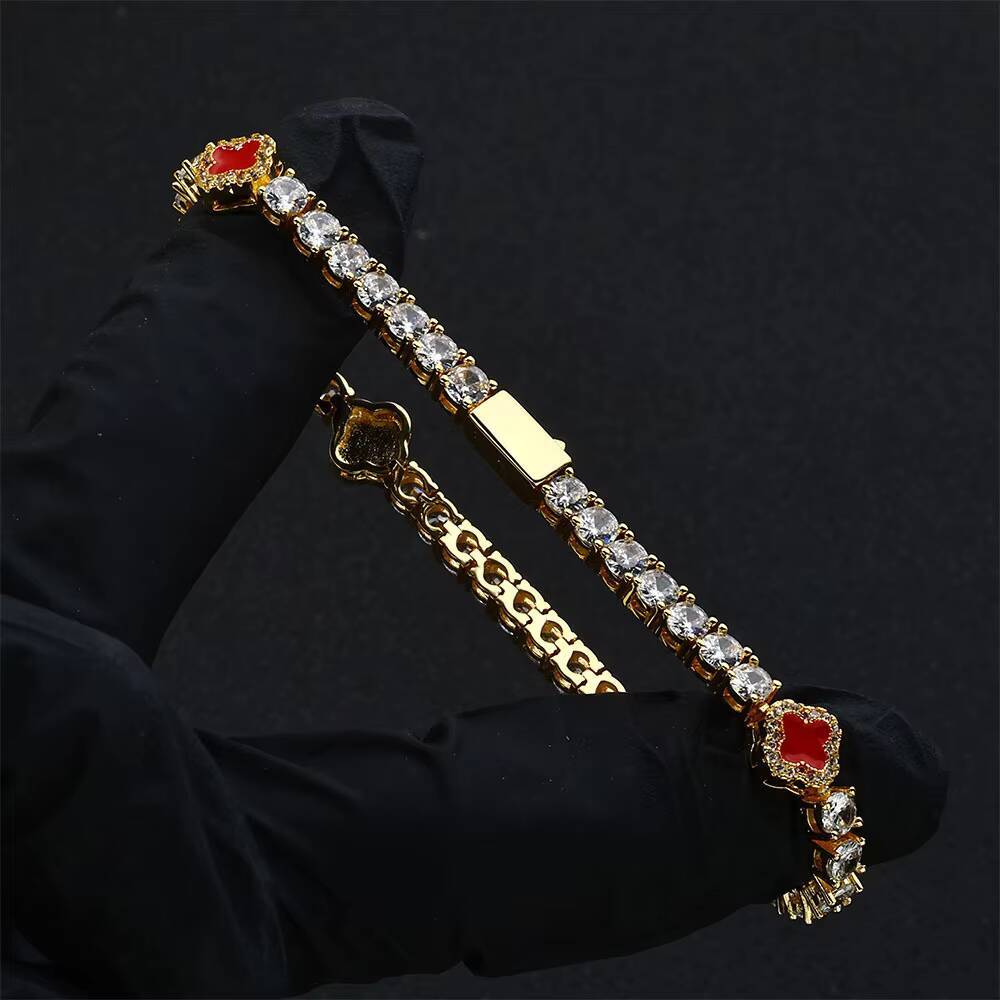 Elegant Womens Moissanite Tennis Chain Bracelet Exquisite Four-Leaf Clover Flower Design Luxury Fashion Jewelry Gift