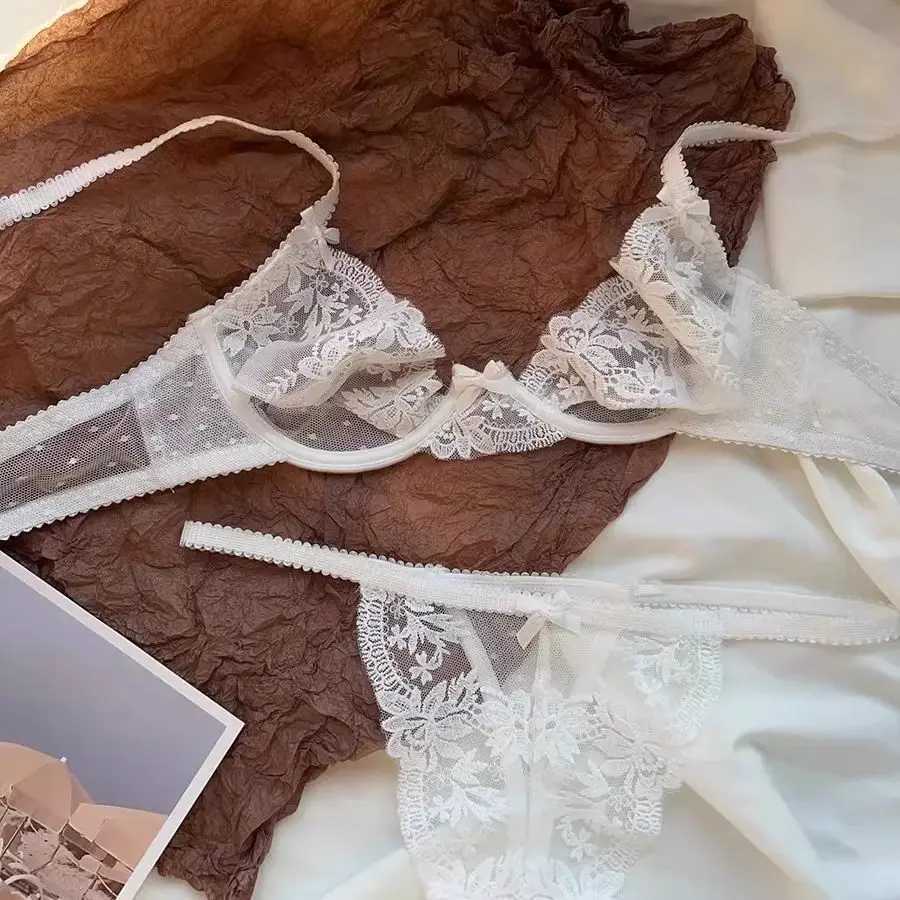 French Lace Bra Panty Set w/Steel Rings Ultra-Thin Push-Up Bralette Small Bust Sheer White Lingerie Pure Seductive Style Z260402