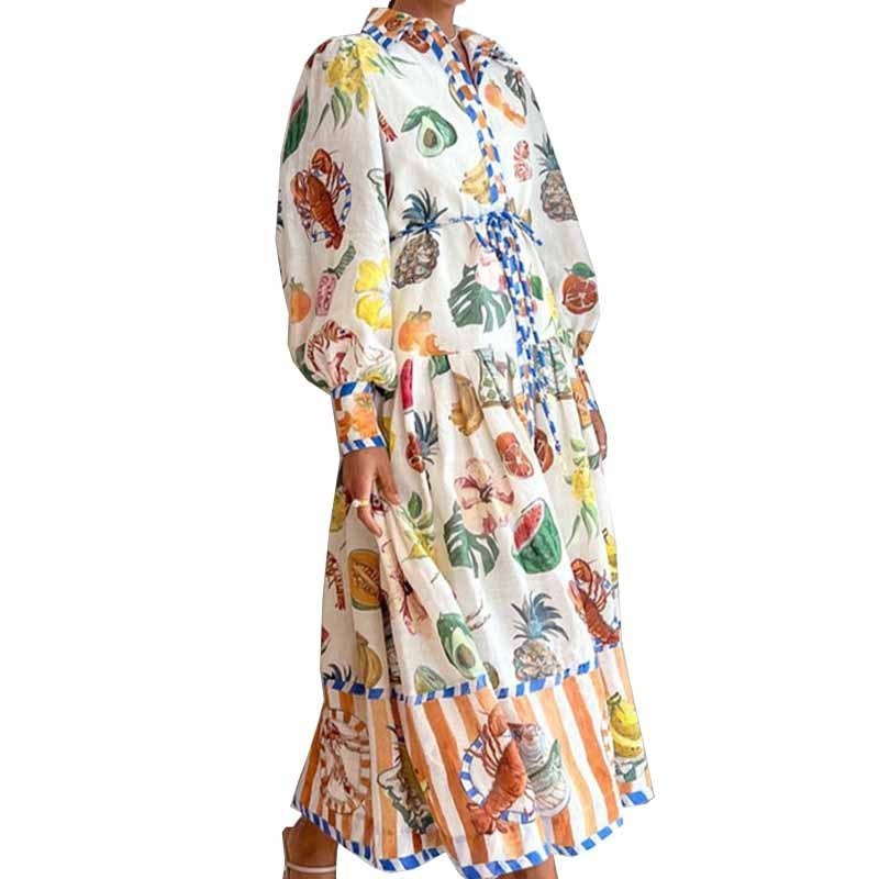 2026 Womens Spring New Style Lantern Sleeve Printed Collar Waist-Cinching Flared Dress 210514
