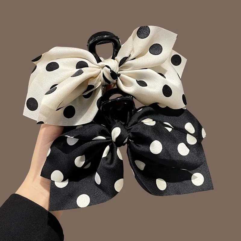 Vintage Black Polka Dot Bow Hair Claw Crabs For Women Elegant Large Shark Cip Ponytail Braid Hair Claw Hair Accessories H260402