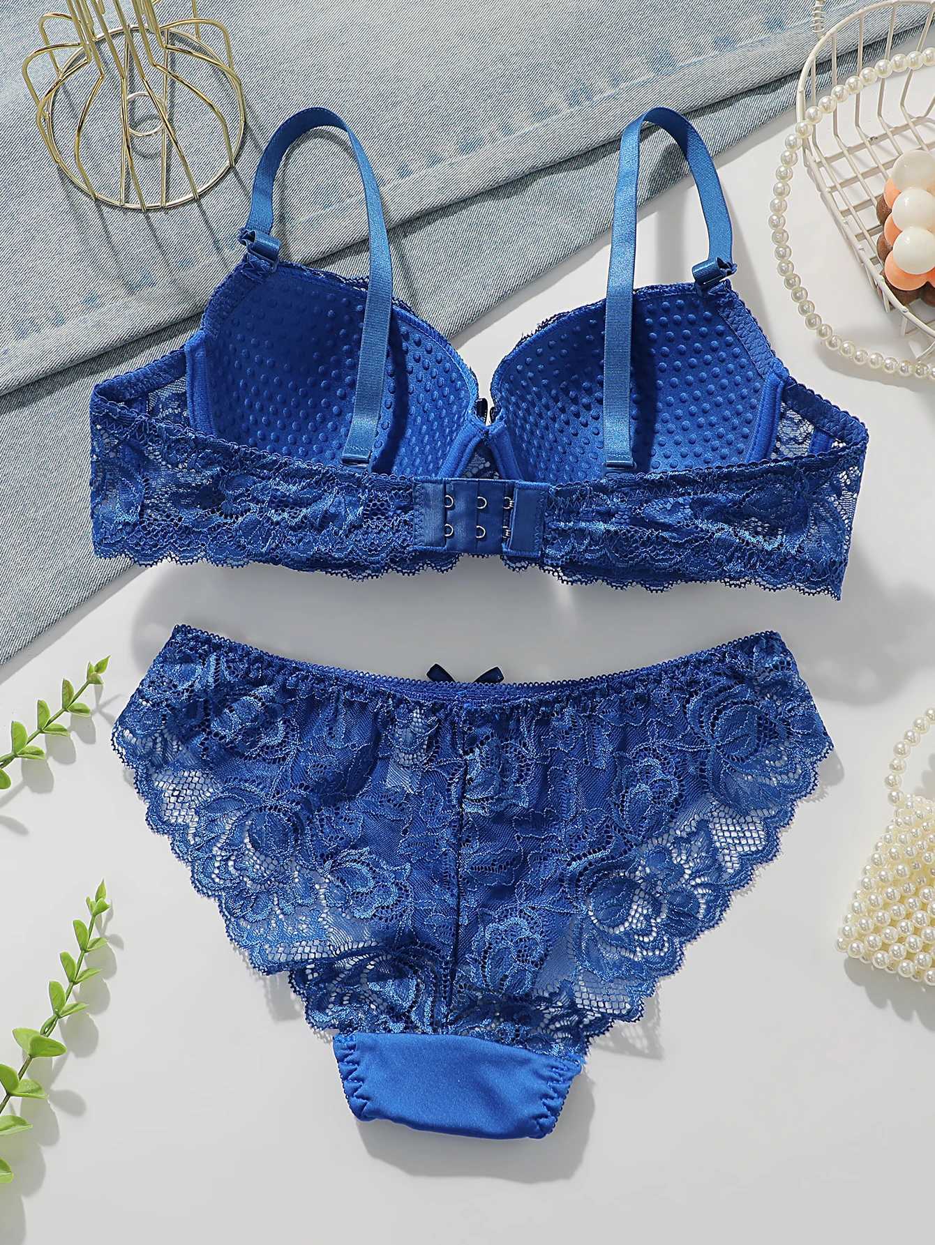 Blue Lace Push Up Bra Set Women Underwire Bra Panty Set Lingerie Sets Breathable Ladies Intimates Z260402