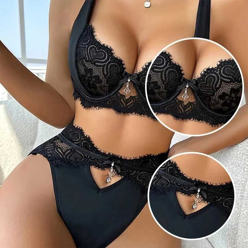 Womens Lace Lingerie Set with Black Lace Patchwork and Pendant Decoration for Women Bra Set Z260402
