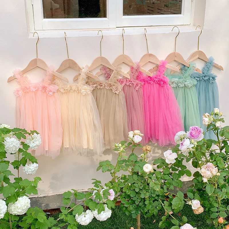 Kids Sweet Mesh Dress 1-6T Summer Children Mesh Tulle Princess Slip Tutu Dresses Girls 6 Colors 3D Flower Mermaid Birthday Dress H260402