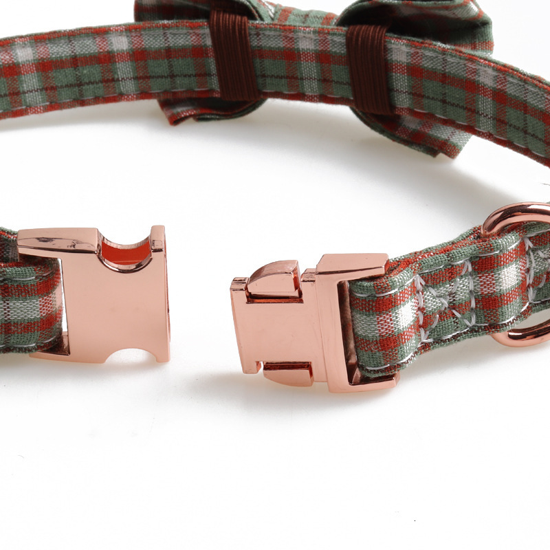 Pet Collar Rose Gold All Metal Buckle Plaid Bow Design Adjustable For Dog Cat Comfortable Pet Neckband