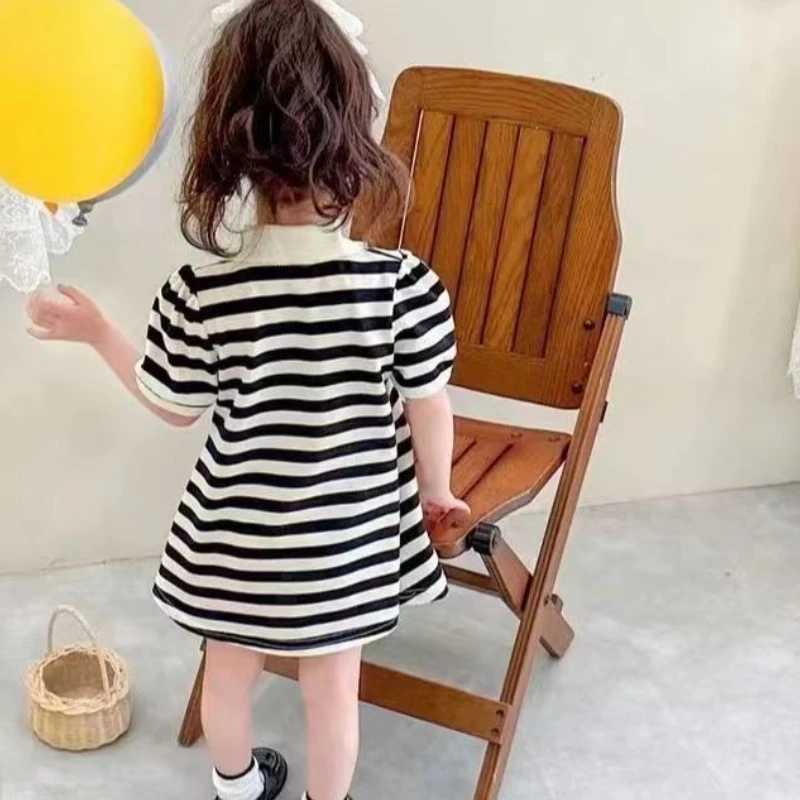 2025 New Childrens Dress Girls Summer Korean Edition Striped Strawberry Lapel Polo Collar Striped A-line Skirt 1-10 Years Old H260402