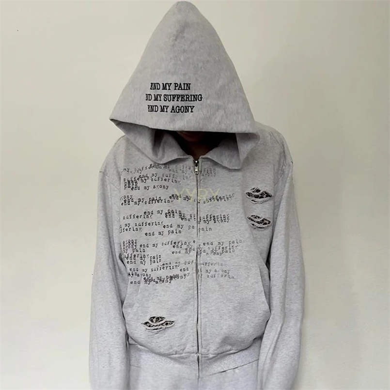 Personalized Letter Printed Ripped Zipper Sweatshirt Long Sleeved Pullover Hoodie Y2K Style Autumn Winter Fashion 251204