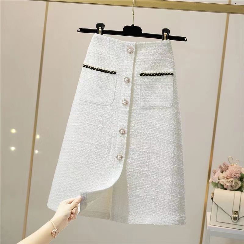 Luxury Brand Designer Clothes Autumn Winter Little Style Shiny Silk Midi Skirt Women High Waist Woolen A-Line Bodycon Skirt White Tweed Long Skirt - view 3