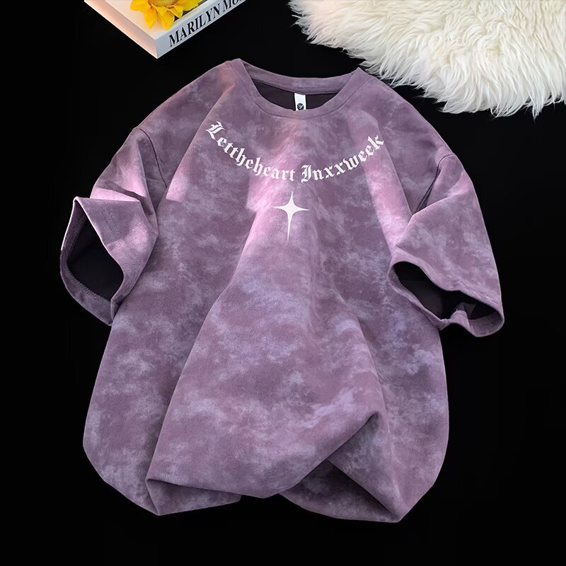 Mens Tie Dye Short Sleeve T Shirt With Gothic Letter Print And Star Pattern Casual Loose Fit Streetwear For Men And Women