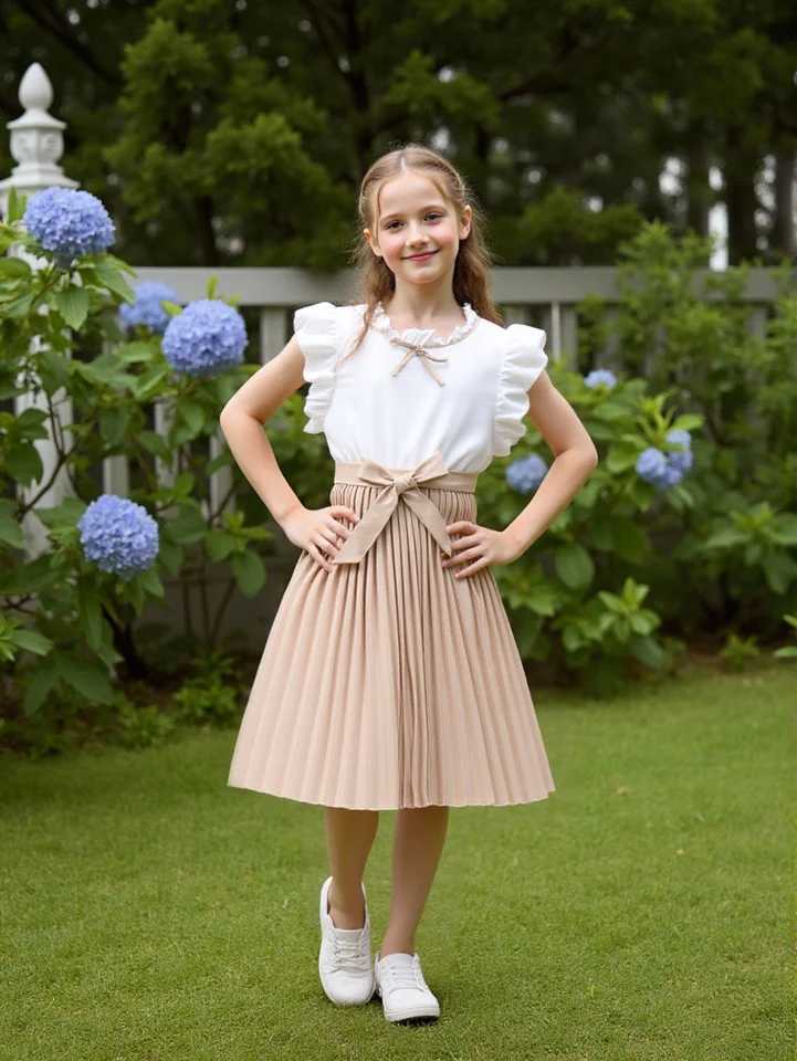 Sweet and elegant dress with lace collar and flying sleeves for girls aged 4-13 pleated skirt with belt included for summer H260402