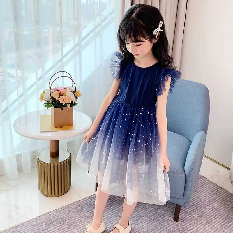Summer Sleeveless Fashion Gauze Dress Girls Starry Sky Gradient Princess Dress New Years Childrens Birthday Party Present H260402