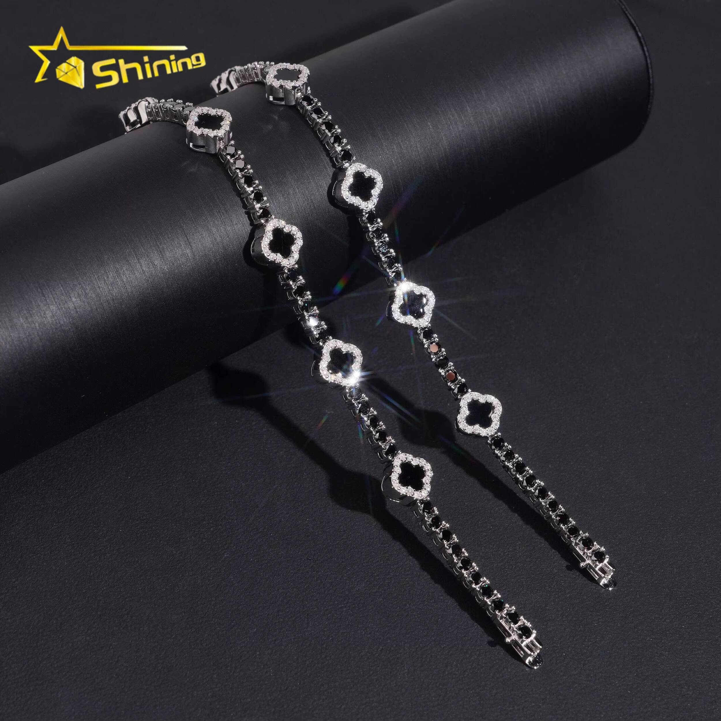 USA Warehouse Local Stock3mm Moissanite Bracelet 925 Solid Silver Hip Hop Iced Out GRA Moissanite Black Clover Tennis Bracelet
