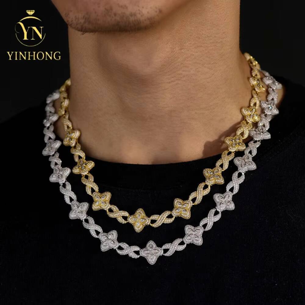 Luxury Color Moissanite Iced Out Moissanite Necklace 925 Silver Colored Four Leaf Clover Vvs Moissanite Cuban Link Chain