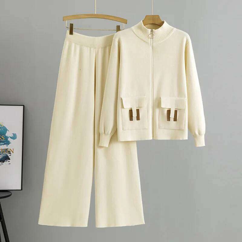 Women 2 Piece Set Knit Sweater Jacket Cardigan Wide Leg Pant Casual Knitted Outfits Tracksuit Suit Autumn Winter Knitwear