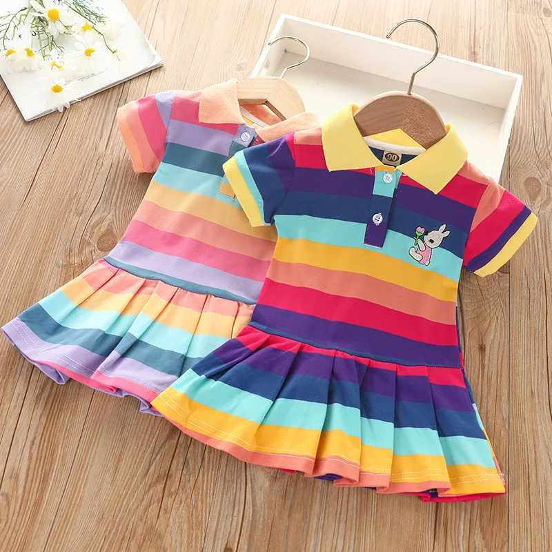 Girls Summer fashion cute short sleeve cartoon rabbit embroidered rainbow strip baby girl princess dress H260402
