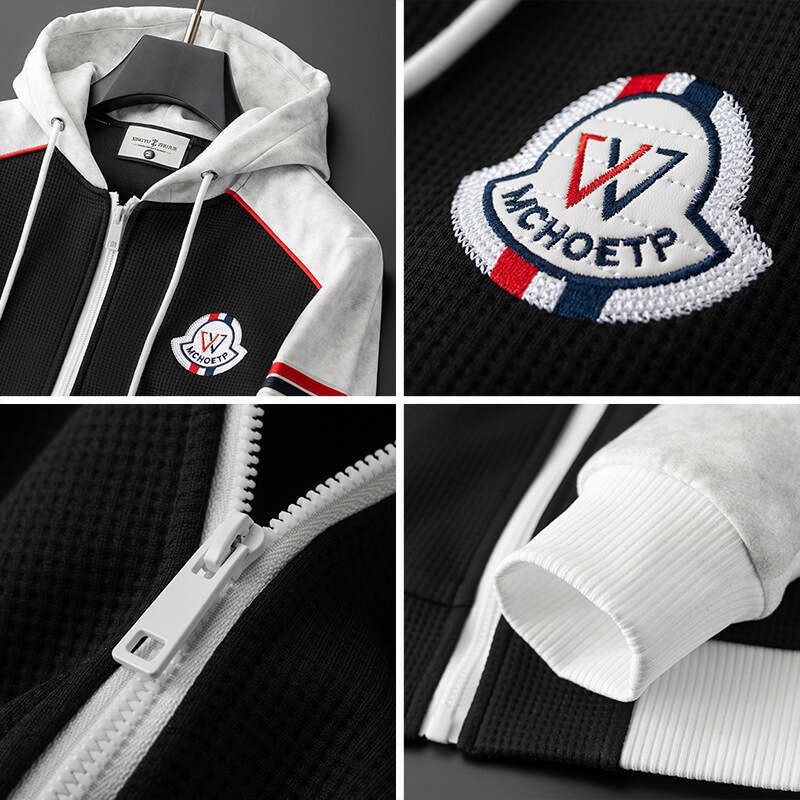 Men Autumn Winter New Color Block Hooded Sweatshirt Men's Fashion Badge Sports Casual Jacket