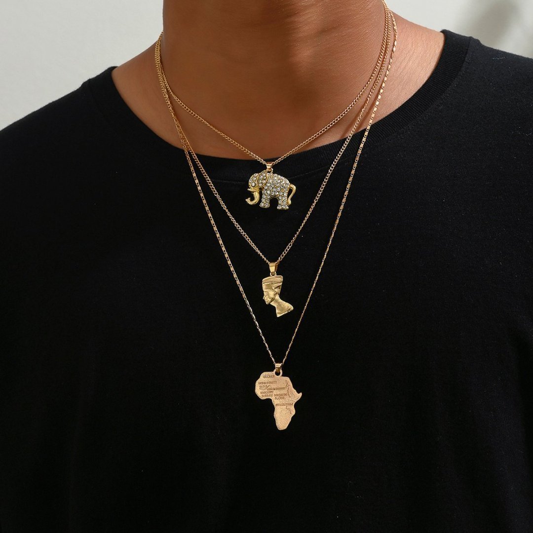 Anniyo 3Pieces Ankh Nefertiti Africa Map Pendant Necklaces Gold Color Wedding Birthday Party Ethnic Jewelry Women Men #256306 240802