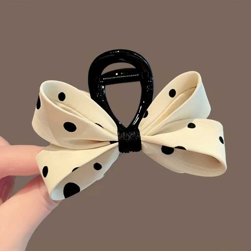 Vintage-Inspired Fabric Black White Polka Dot Bow Hair Claw - Elegant Shark Clip for Date Night Daily Wear H260402