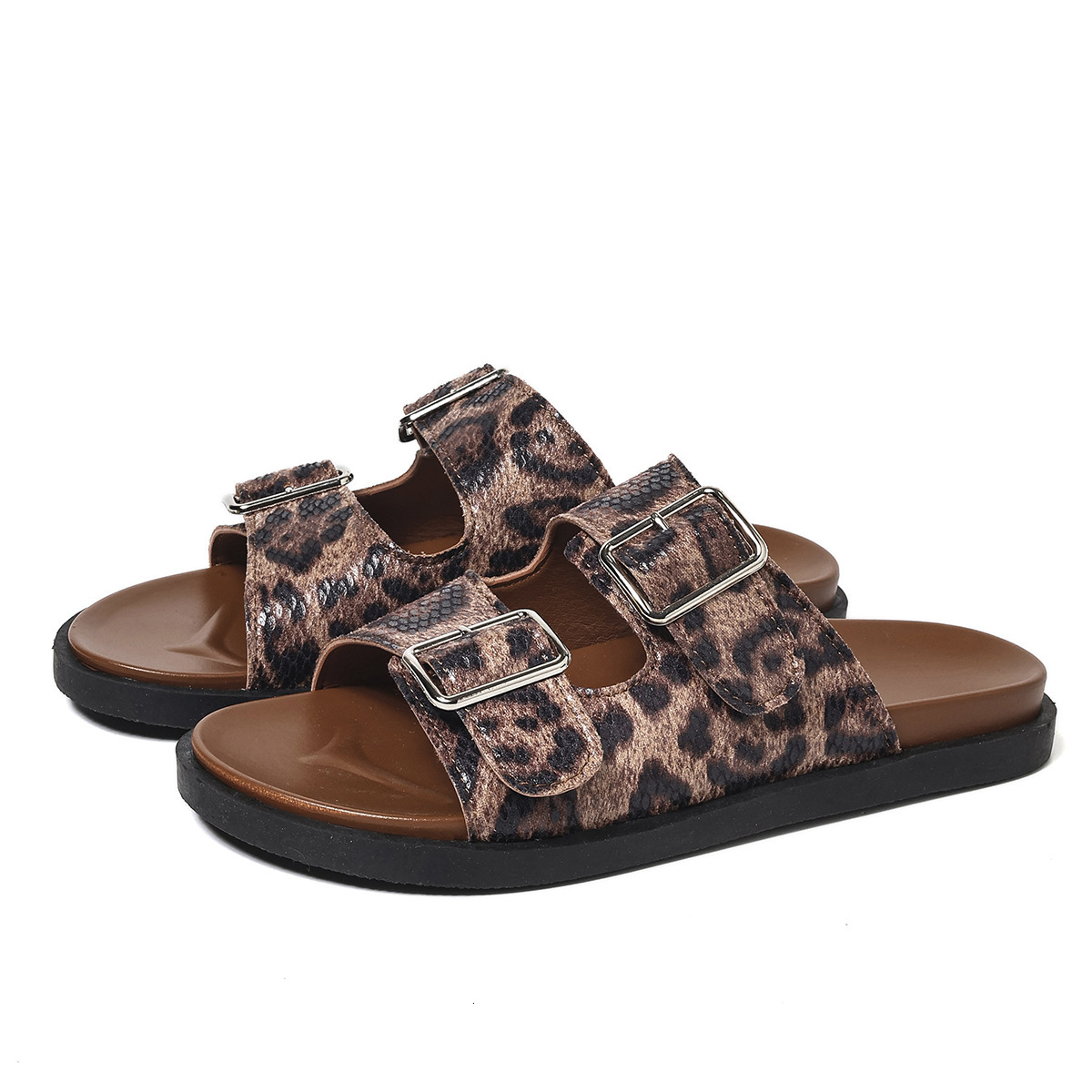 Cross-border European and American fashion leopard print buckle slip-on open-toe round-toe double-soled mules women's sandals Birkenstock style d