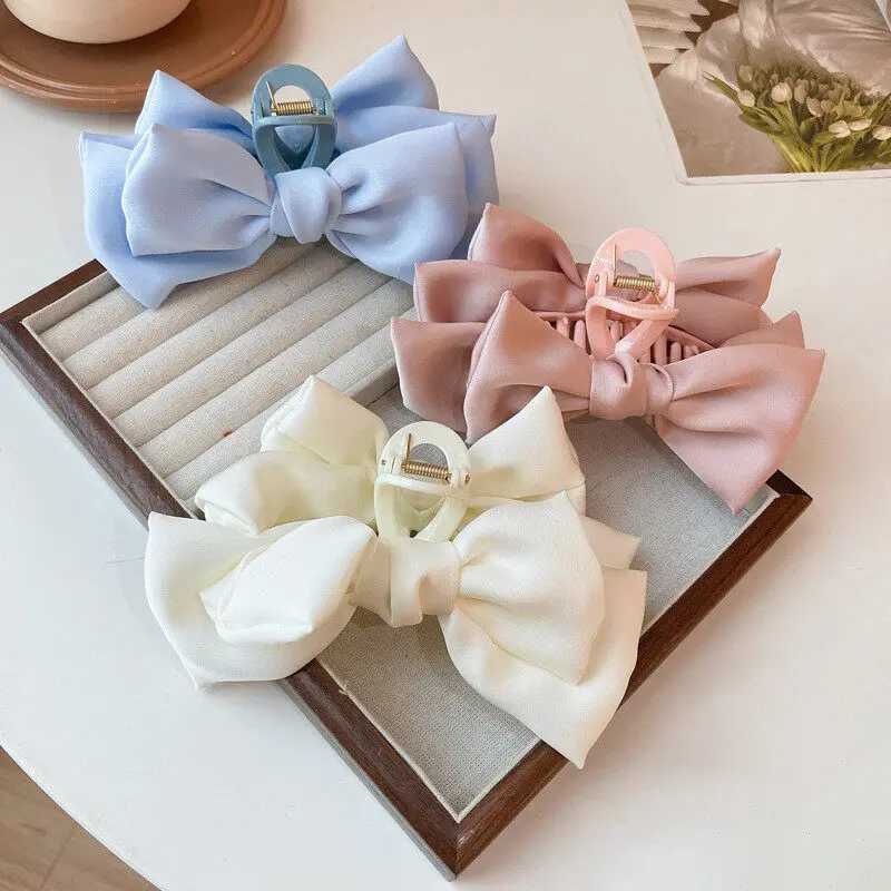 Cream Large Bow Hair Clip Claw for Women Korean Style elegant shark clip Fashion Girls Hair Clamp H260402