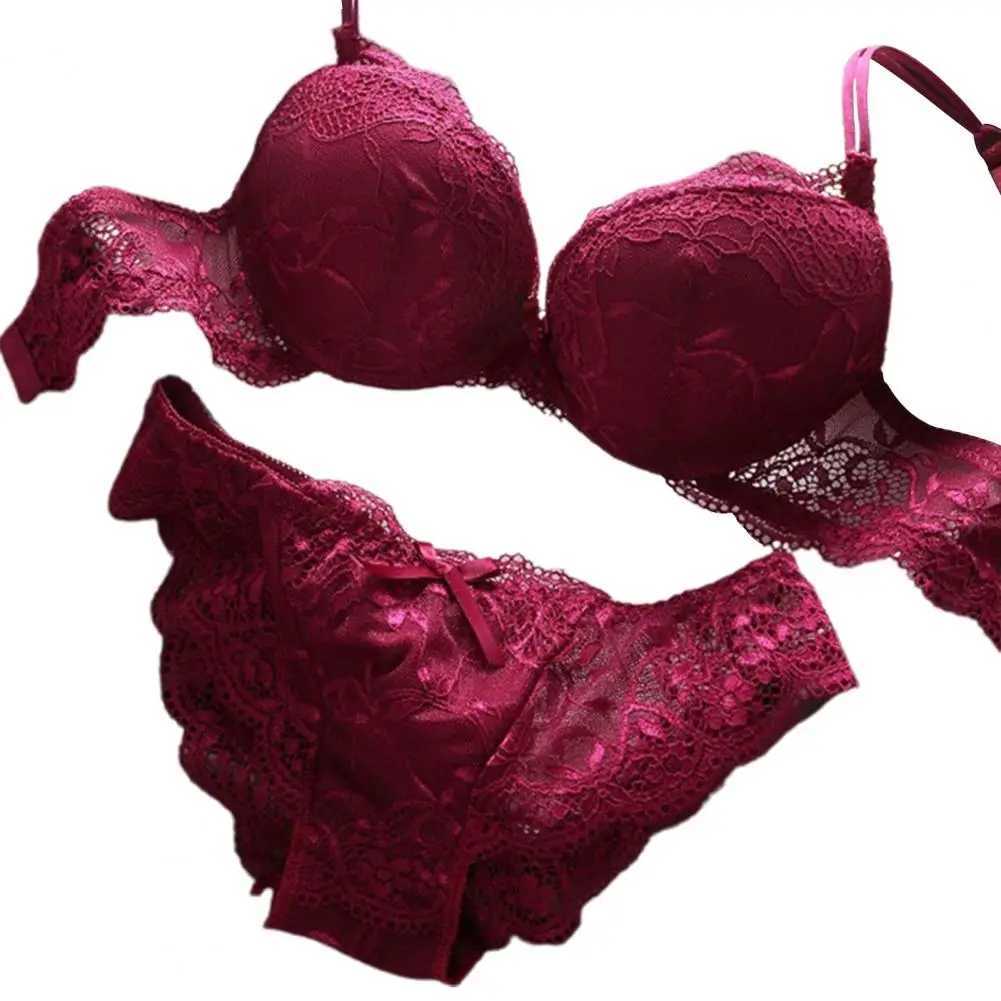 2 Pcs/Set Women Underwear Set Bra Panties Set Lace Push Up Elastic Deep V Neck Solid Color Soft Padded With Wire Bow-knot Back C Z260402