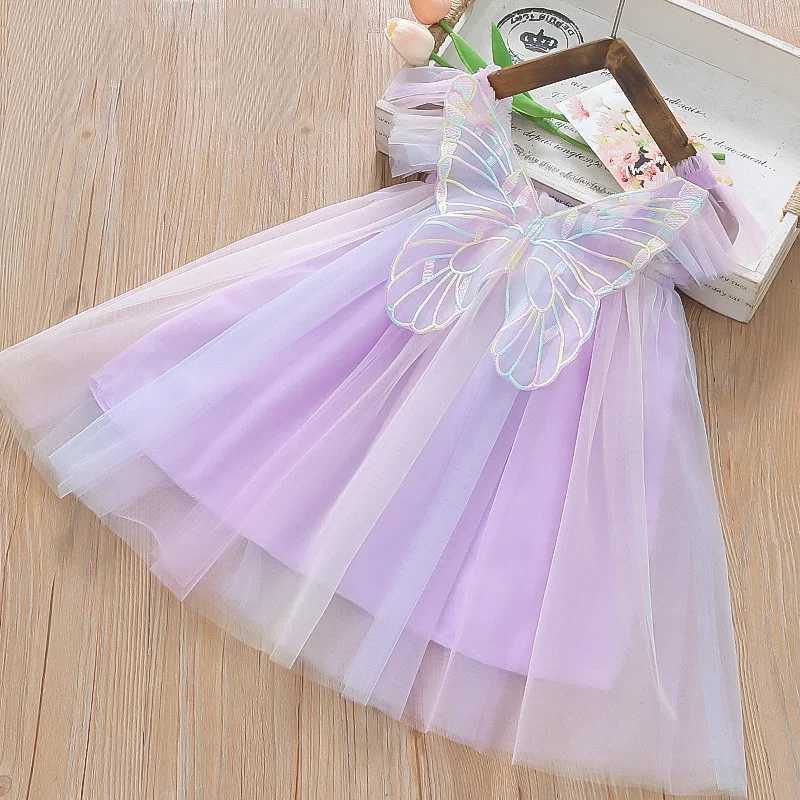Baby Girls Dress for 1 to 5 Years Fly Sleeve Cute Princess Butterfly Mesh Dress 2024 New in Dress Rainbow Summer Dress for Girls H260402