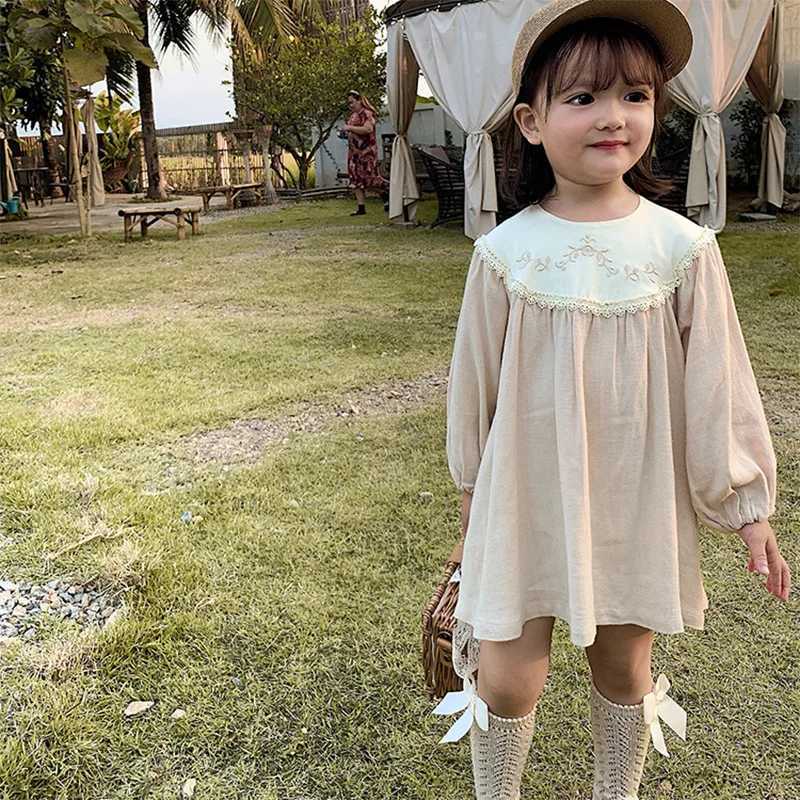 Toddler Girls Retro Dress Spring Autumn Cotton Lace Spliced Children Girls Vestidos Loose Long Sleeve Jacquared Babys Girl Dress H260402