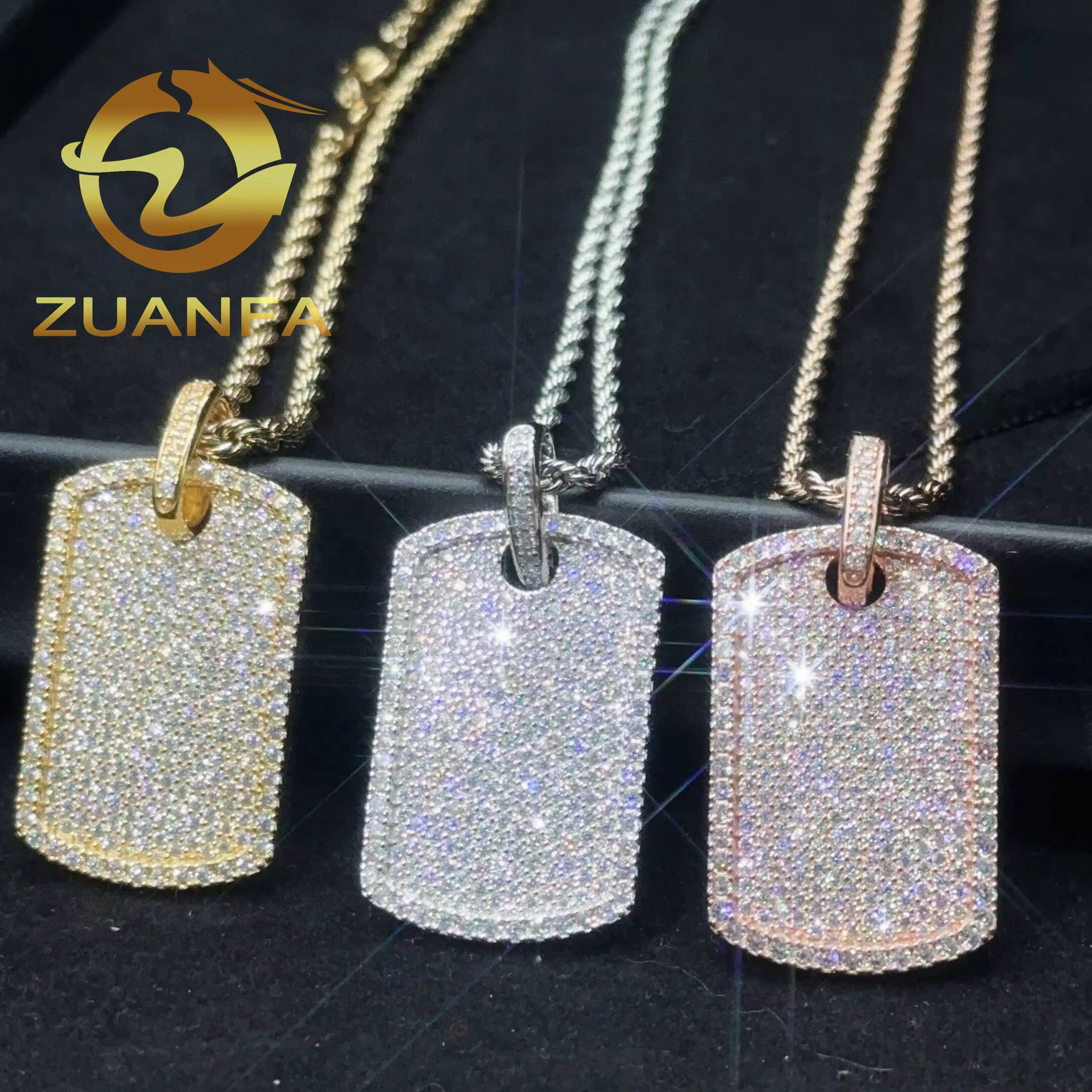 Ready to Ship Moissanite Hip Hop Jewelry Tag Iced Out Pendant Sterling Silver 925 Moissanite Dog Tag Pendant With Rope Chain