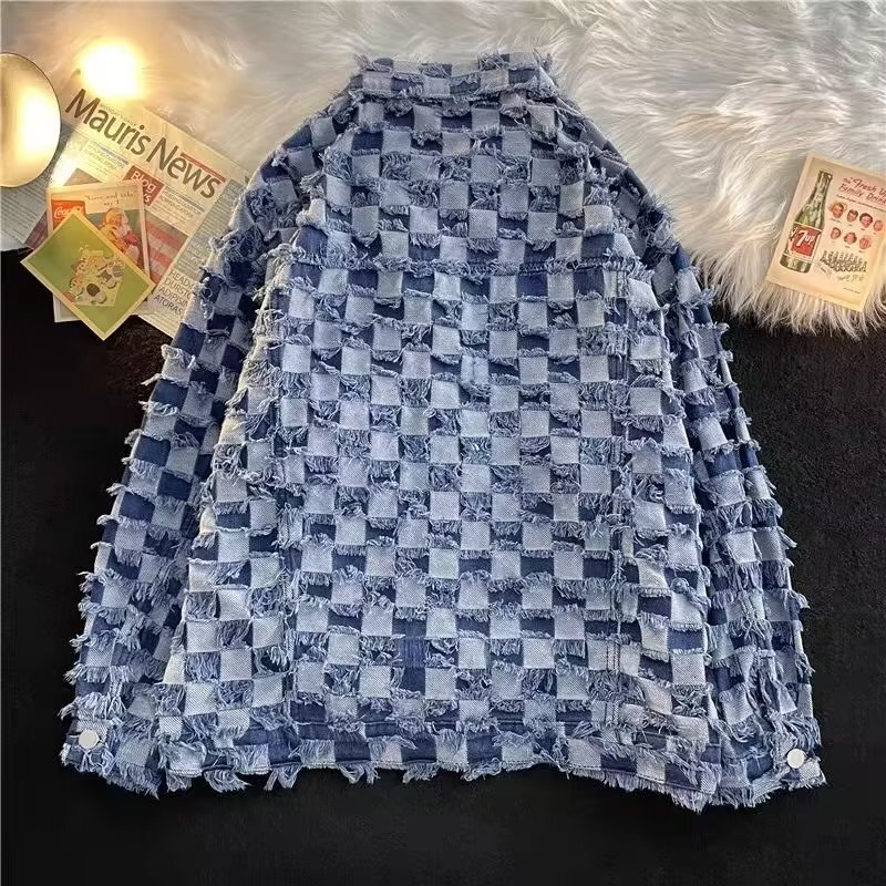 Luxury Brand Designer Clothes Checkered Denim Jacket For Men And Women, Spring And Autumn, American High Street Style, Trendy Vintage Design, Loose Fi
