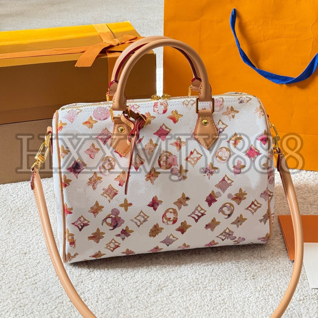 Genuine Leather Mens Womens Luxurys Designers Soft Pillow Colorful Flower Leather Tote Bags Paintings Handbag Shouder Crossbody Travel Airport Commute Bag 30Cm