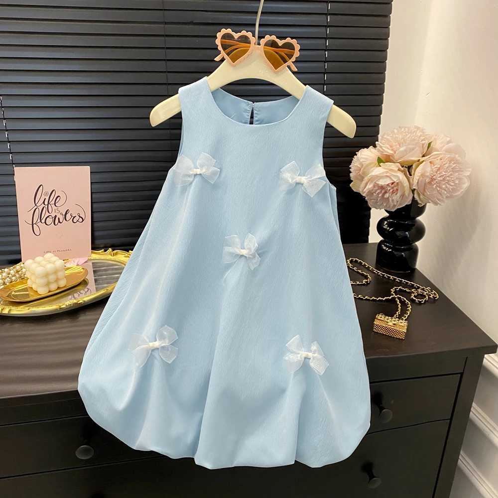 Humor Bear Summer New Sweet Girls Bow Decorative Sleeveless Vest Fluffy Pod Dress Childrens Clothing H260402