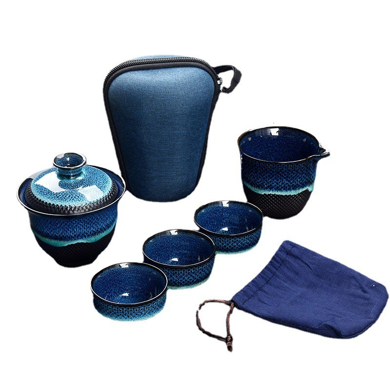 Travel Tea Set QuickService Cup Set with KilnTransformed Tenmoku Glaze Portable Business Gift Portable Kung Fu Tea Light 230726
