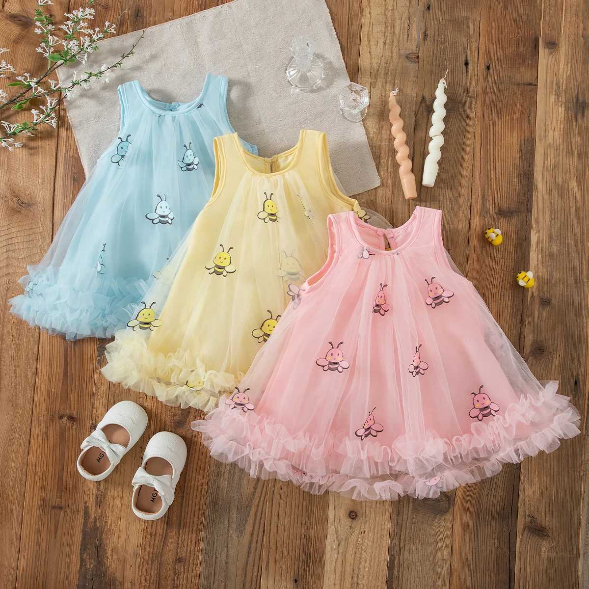 9 Months - 4 Years Summer New Arrival Cute Cartoon Bee Print Baby Girl Dress Fairy Princess Dress Birthday Party Clothes Gift H260402
