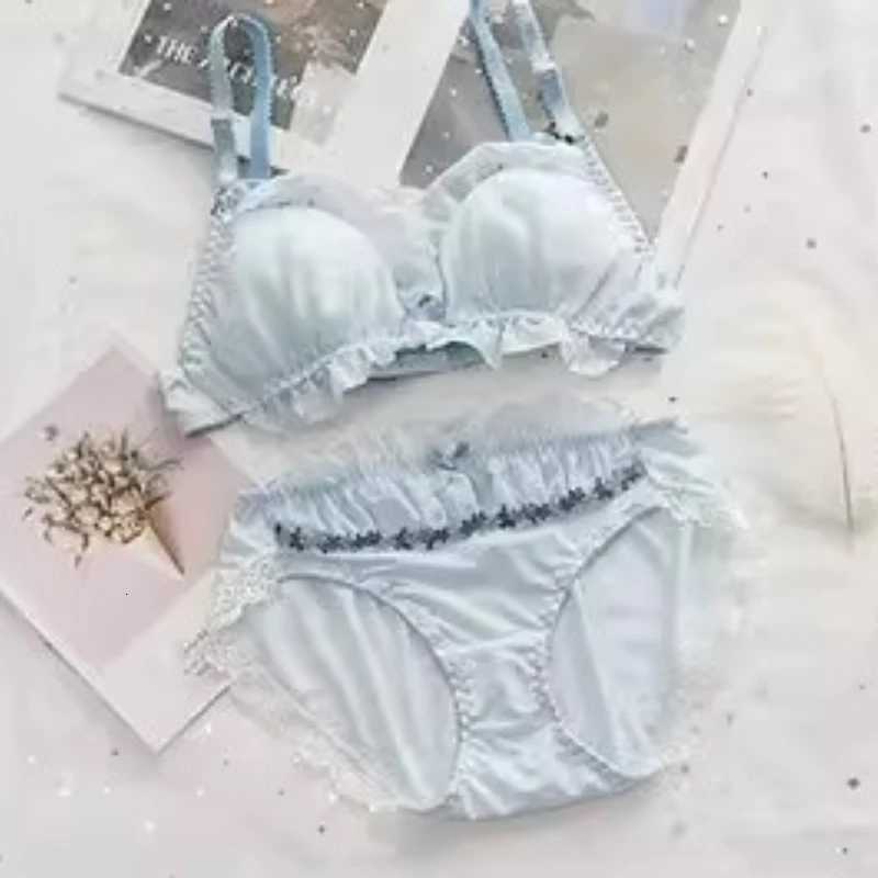 Kawaii Japanese Wirefree Bra Set Lace Mesh Push Up Triangle Bralette for Small Chest Cute Underwear MOYISU Set Bras Panty AB Z260402