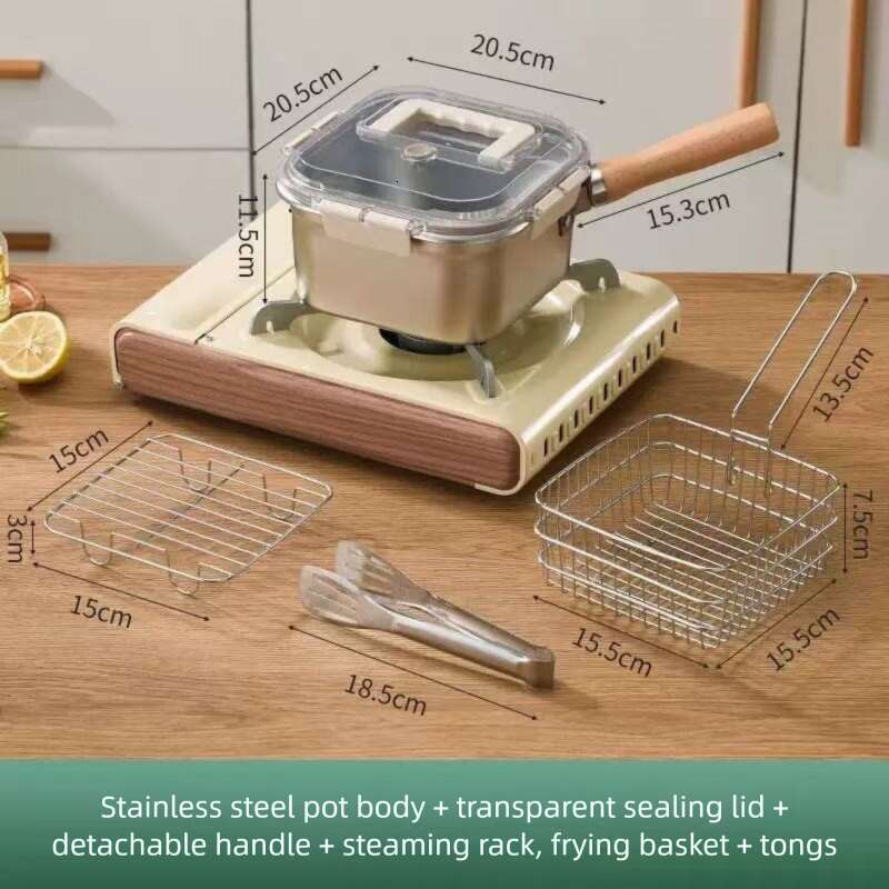 Stainless Steel Deep Fryer Pot set with Basket and Fried Mesh and Steam Rack Square Deep Frying Pot Multifunctional Cooking Pan